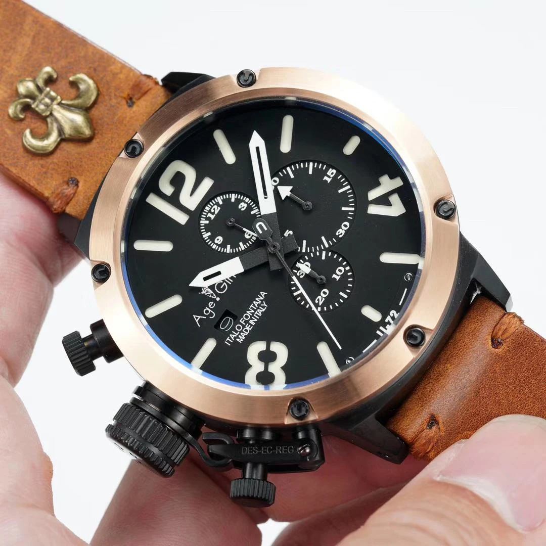 Секундомер-хронограф для мужчин U CHRONOMETER U72 Chimera черный розовое золото в возрасте коричневая коровья кожа лодка часы желтый оранжевый - Цвет: Brown WHite