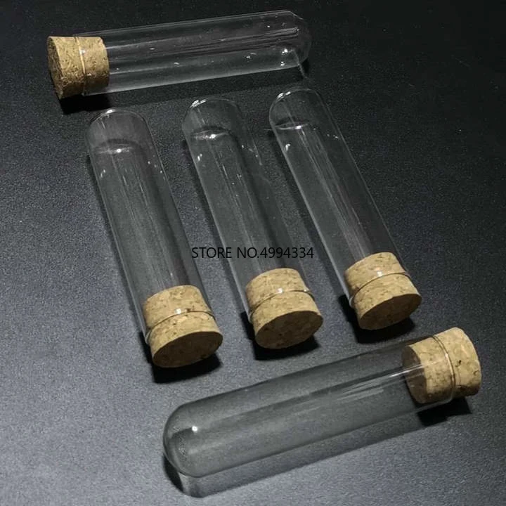 

Free Shipping/12pcs/lot 25x100mm Round bottom Glass test tube with cork stopper Cap for Lab Experiments