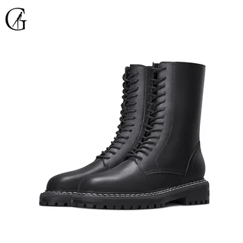 

GOXEOU Women's Ankle Boots Microfiber Matte Black Round Toe Front Lace Flat Casual Fashion Shoes Size 34-40