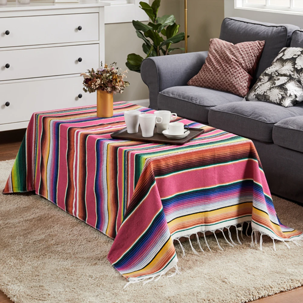 150*200cm Mexican Style Tassel Tablecloth Rainbow Pattern Cotton Color Strip Shawl Carnival Blanket Party Wedding Decoration