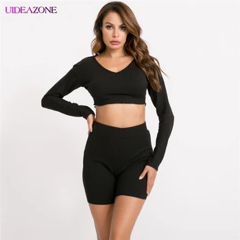 

UIDEAZONE 2019 New Women 2Pcs Ribbed Tracksuit Sexy V Neck Long Sleeve Crop Top Jogging Short Pants Sports Suit Two Piecs Outfit
