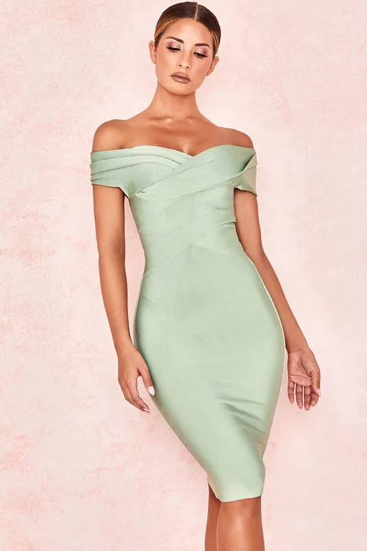 Высокое качество для знаменитостей светло-зеленый Slash шеи Bodycon Бандажное Платье милое вечернее платье