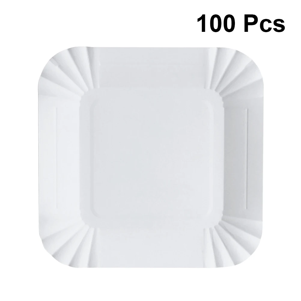 100pcs Disposable Tableware Plate Paper Plates Party Supplies Square Plates Dishes For Cake Dessert Fruits Snacks Food(White