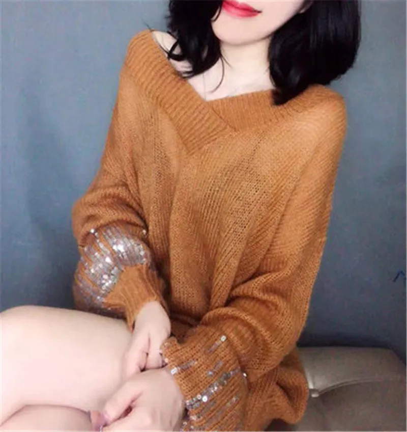 Женский милый женский свитер с v-образным вырезом свитер с длинным рукавом Тонкий женский пуловер модный свободный свитер весна осень женский топ