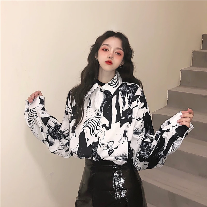 Women Harajuku Style Vintage Printed Long Sleeve Shirt 19 New Spring Fashion Korean Harajuku Loose Casual Bottom Top Tees Aliexpress