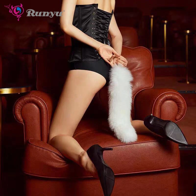 Fox Tail Anal Plug In Adult Games , Stainless steel Anal Pleasure Bead Butt Plug Stimulator Sex Products Flirt Toys For Women