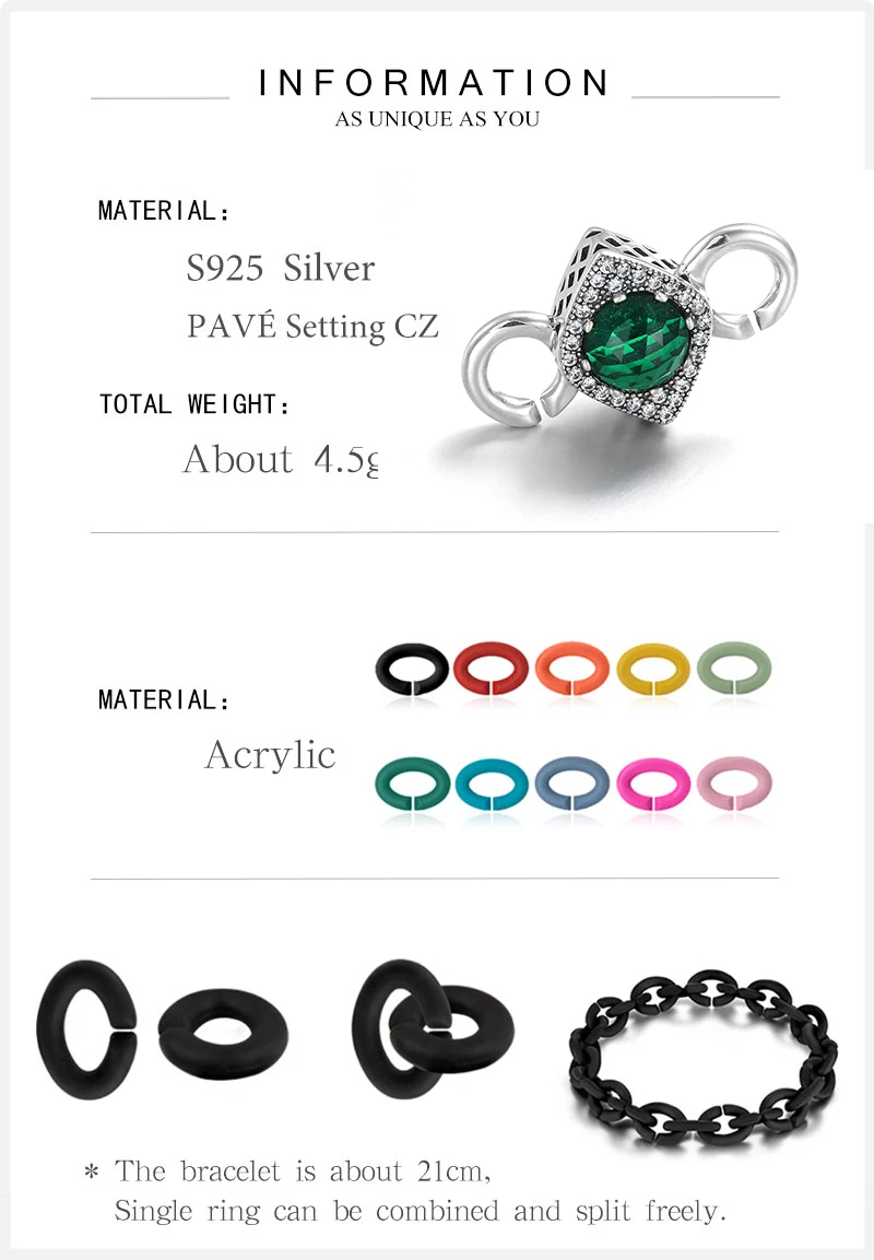925 Sterling Silver Square Green Zircon charm Beads Black Hard Rubber X Bracelets For Women Accessories Jewellery Fashion gift