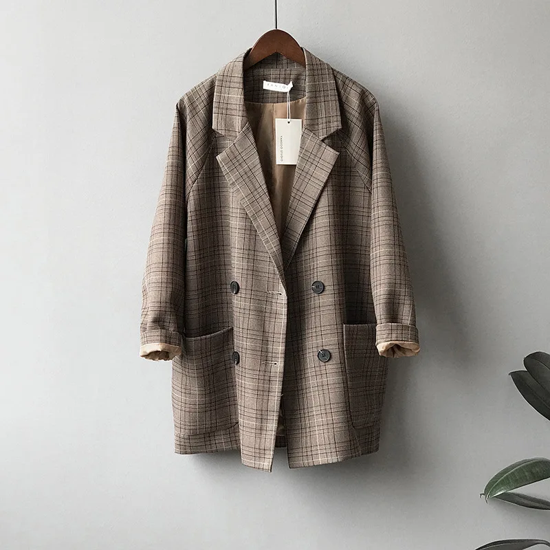 [EWQ] осенне-зимняя Новая Винтажная повседневная куртка в клетку с длинными рукавами в Корейском стиле, высокое качество, двубортное Трендовое пальто QK497