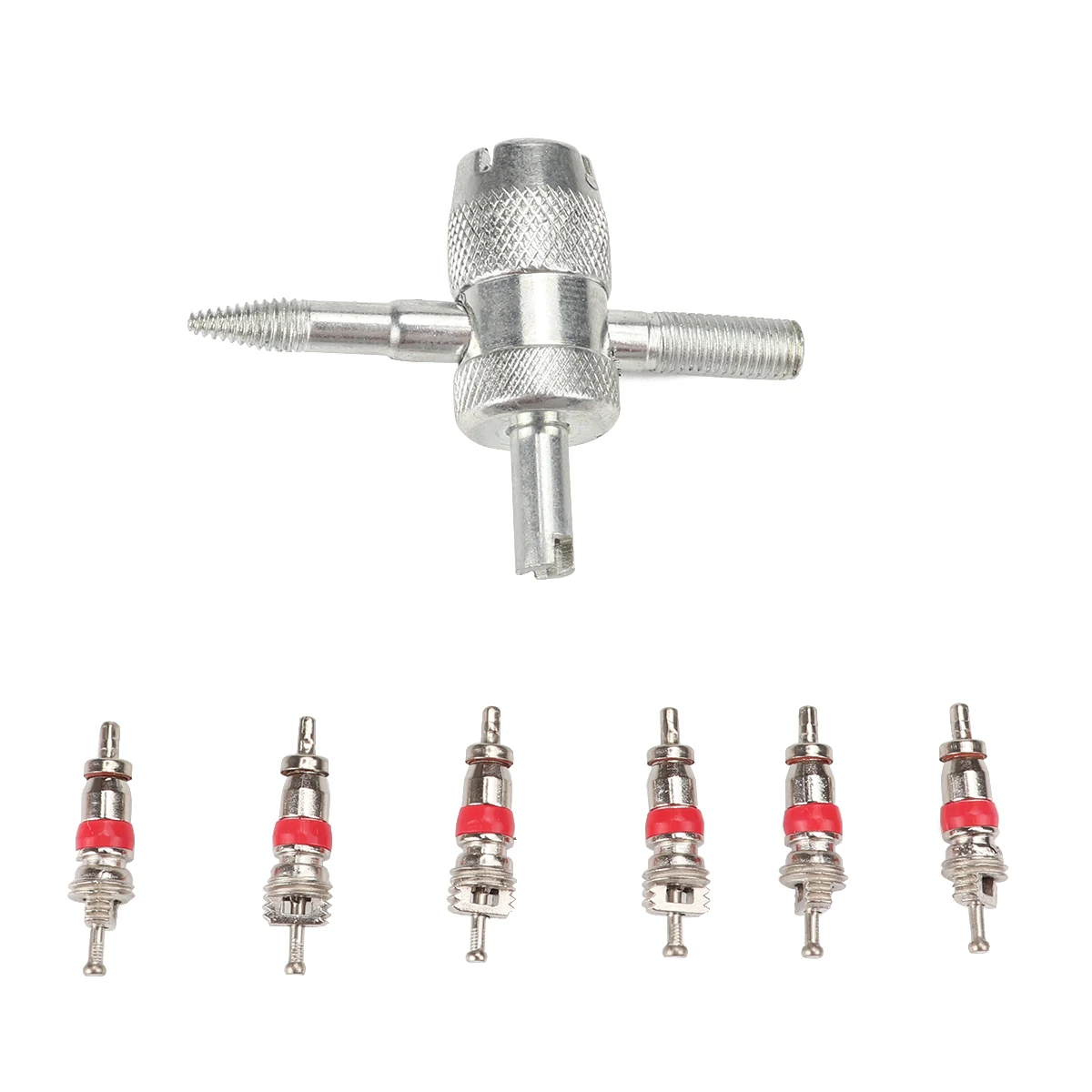 

4-Way Valve Tool with 6 Brass Valve Cores for All Vehicle AMD Air Conditioning Car Truck Tire Valve Screwdriver Rod core Removal