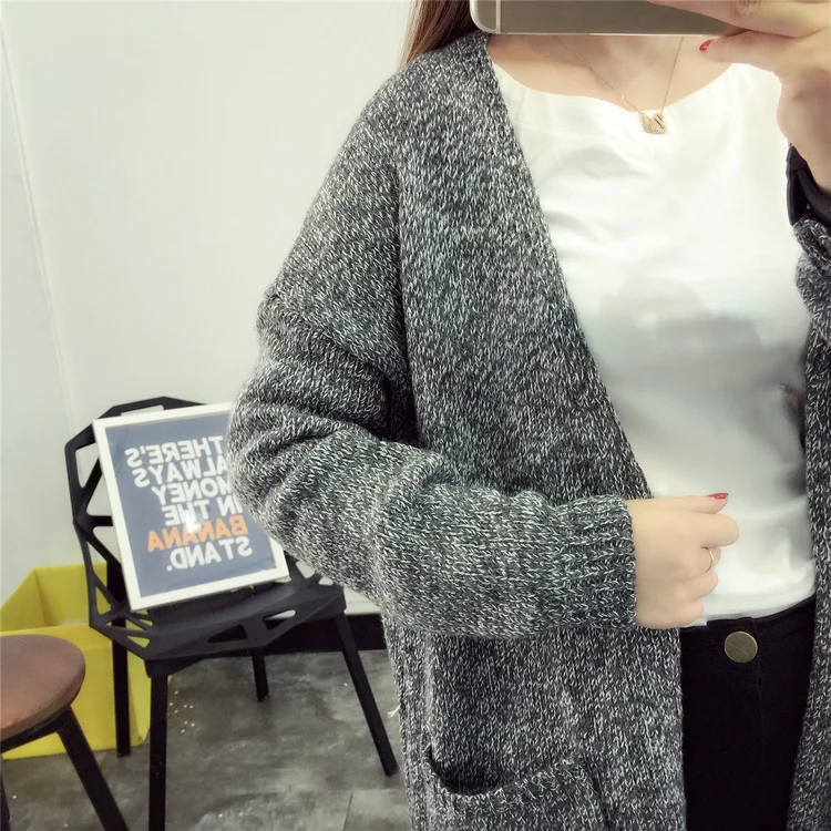 Простой повседневный теплый свитер женский свободный серый плюс размер кардиган Feminino осень зима корейский Тонкий длинный вязаный свитер женский