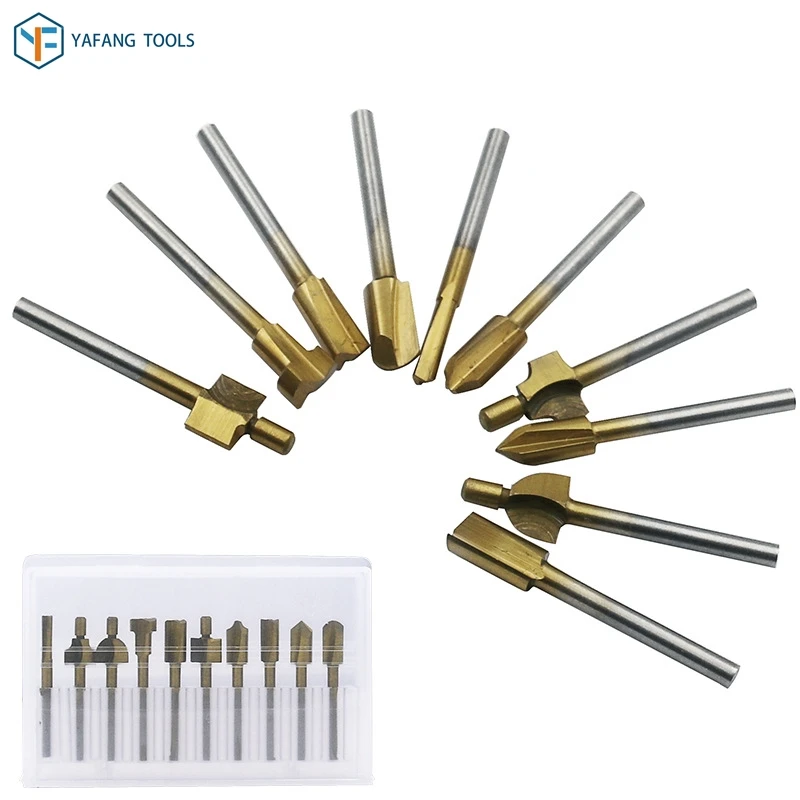 

10pcs/set 3mm Shank Trimmer End Mill Woodworking Router Bit Titanium Coated Carbide Milling Cutter Power Tools
