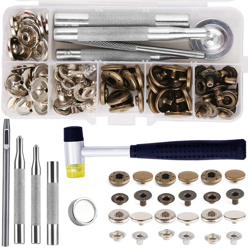 LMDZ Leather Snap Fasteners Kit Press Stud Metal Button Snaps with Hammer Installation Tools for DIY Leather Craft Project leather sewing tools leather hardware
