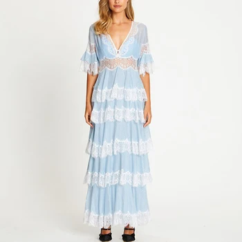 

Women Lace Maxi Dress Summer Hollow Out Semi Sheer Sweet Long Tiered Dress