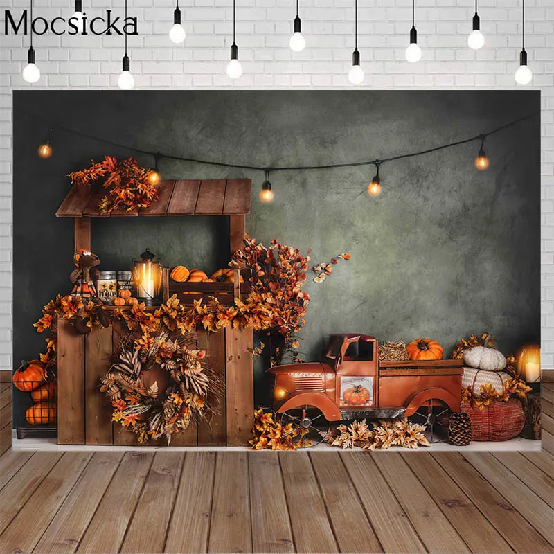 

Autumn Harvest Grey Wall Photography Backdrops Pumpkin Shop Vintage Truck Maple Leaf Decor Fall Child Portrait Photo Background