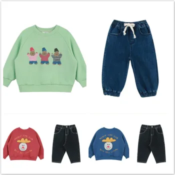 

Pre-sale 2020 Korean autumn and winter ME boys girls cartoon plus velvet round neck sweater casual denim pants children's suit