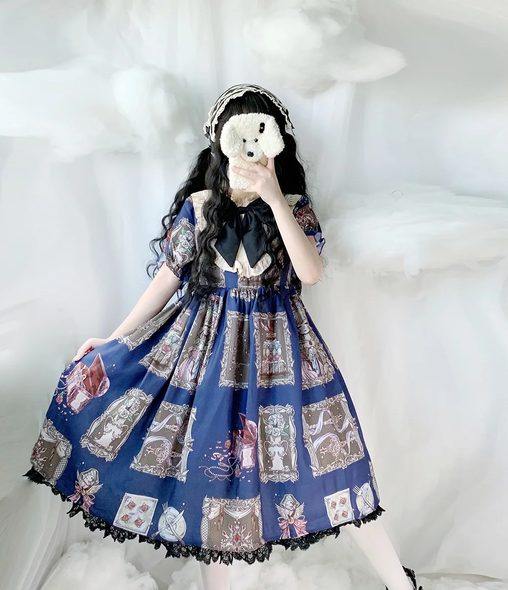 picture color Kawaii/платье в японском стиле с короткими рукавами для девочек; платье в стиле Лолиты; классическое кружевное платье с бантом для маленьких девочек; платье для костюмированной вечеринки - Цвет: picture color