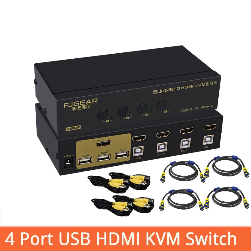 4 порта hdmi kvm переключатель USB Авто hd HDMI 4 в 1out переключатель монитор клавиатура мышь sharer с блоком питания отправка кабелей FJ-401HUA