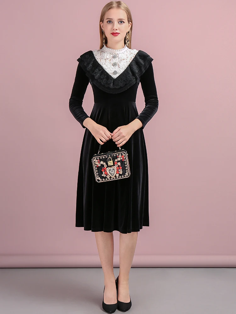 LD Linda della мода взлетно-посадочной полосы осенние черные женские платья миди; Плиссированное кружевное аппликации Бисер Повседневное женские Вечеринка платье
