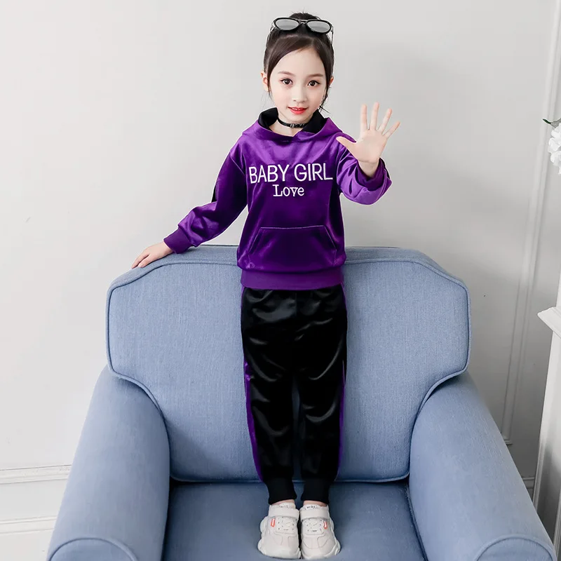 Purple 2 шт./компл. свитер костюм Детская осенняя одежда спортивная одежда для девочек золотые бархатные модные костюмы для девочек одежда с длинными рукавами - Цвет: Purple