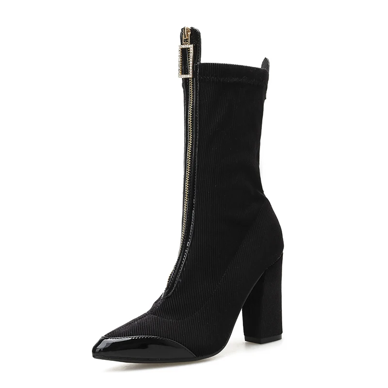 NIUFUNI Stretch Fabric Suede Socks Pointed Toe Women's Mid-Calf Boots Zip High Heels Motorcycle Boots Women's Shoes Bottes Femme