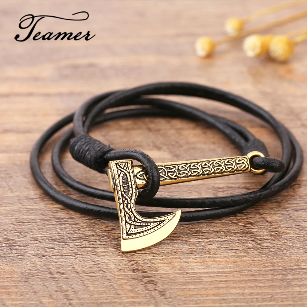 Teamer Mens Bracelet Axe Wrap Viking Bracelet for Men Leather Accessories Silver Color Hatchet Handmade Pirate
