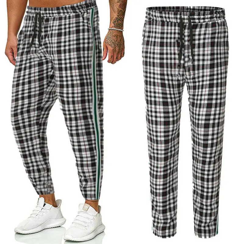 

Fashion Men's Trouser Plaid Stretch Exercise Pants Sport Male Drawstring Loose Sweatpants Pencil Long Pants