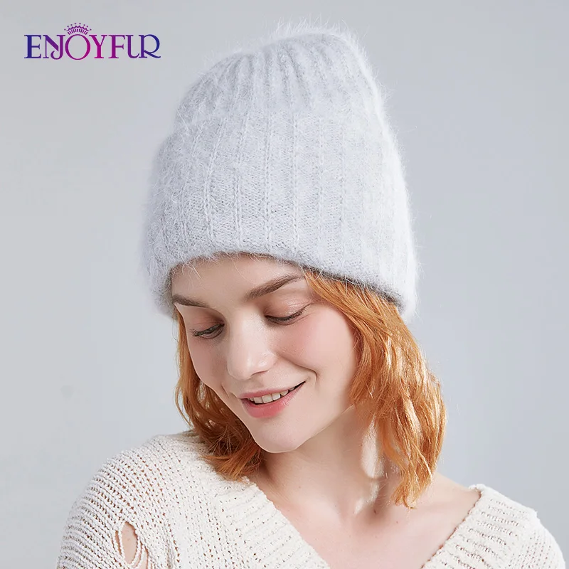 Billige ENJOYFUR Winter kaninchen fell haar hüte für frauen doppel futter warme weibliche mützen mode jugend damen kappe breite manschette chic stil