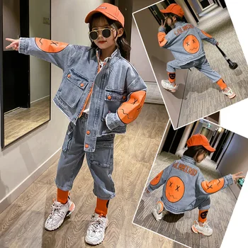 

Cartoon Smiley Printed Denim Sets Children Clothing For Girls Clothes Suit Denim Jacket Pants 2Pcs kids Girl Clothes Sets