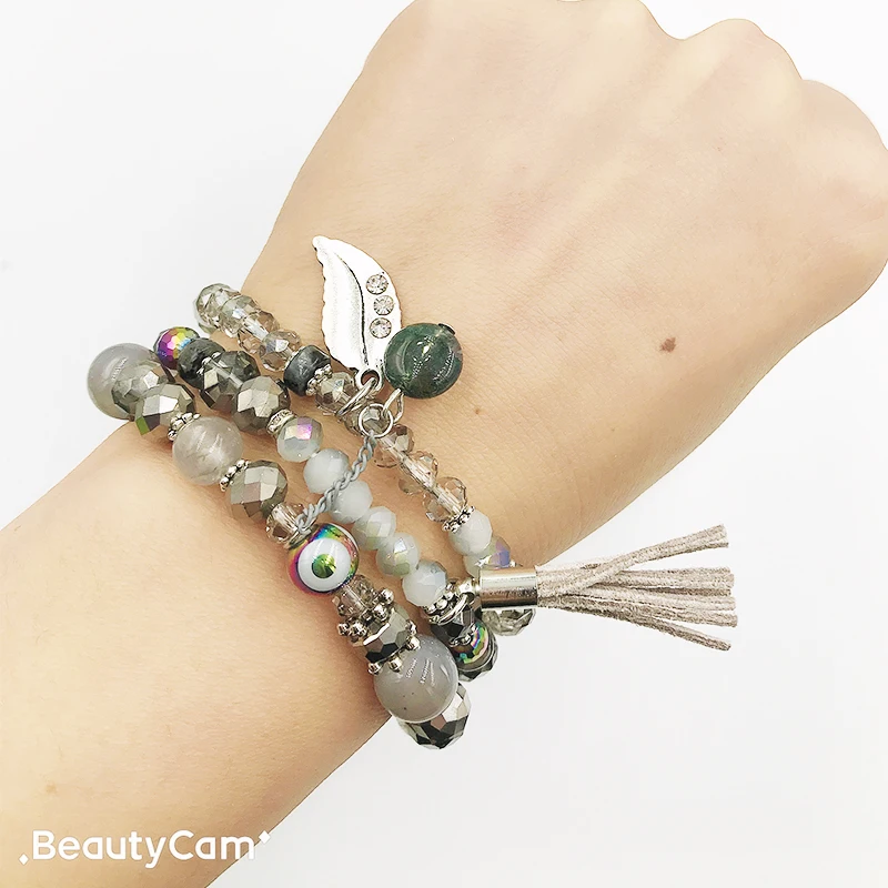 3 шт./компл. Мода Boho Кристалл Браслеты с подвесками для женщин листьев кисточкой DIY бисерный браслет дружбы ювелирные изделия подарок Pulseiras