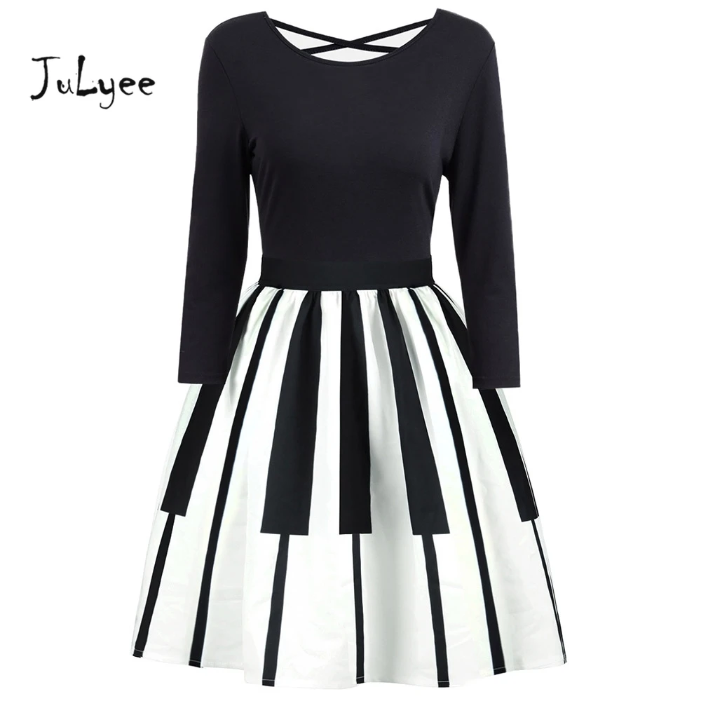 

Julyee Vintage Criss Cross Piano Print Dress women Autumn Long Sleeves Vintage clothes o-neck elegant Party Spring Fashion