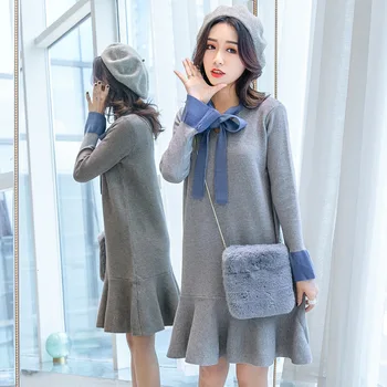 

Autumn Winter Maternity Women Dress Elegant Vestido Pleated Sweater Maternity Dress Long Sleeve Lotus Leaf Skirt Pregnancy Dress