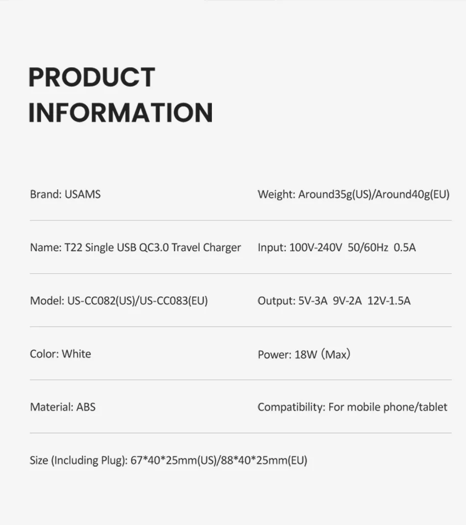 USAMS quick charge QC 3,0 зарядное устройство для телефона 5V 3A быстрое зарядное устройство европейского стандарта Универсальное зарядное устройство для мобильного телефона samsung для iPhone 11 XS