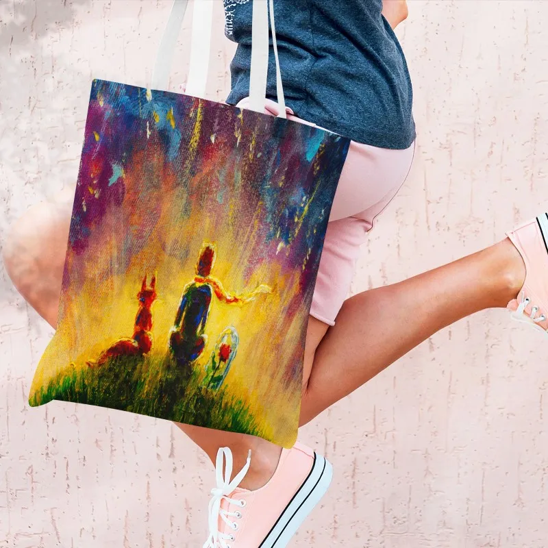 Little Prince Printed Shopping Bag For Unisex Fashion Casual Canvas Shoulder Bag Women Harajuku Simple Eco Reusable Handbags