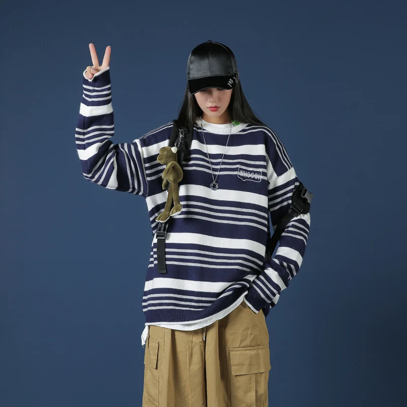 

Striped Sweaters for Women 2020 Winter Fashion Clothing Loose Fit Crewneck Pullover Tops Ladies Knit Jumpers Harajuku Streetwear