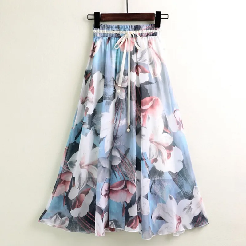 

Женская шифоновая юбка в богемном стиле, пляжная юбка с принтом, облегающая длинная Плиссированная юбка с эластичным поясом и завышенной талией на лето, N122