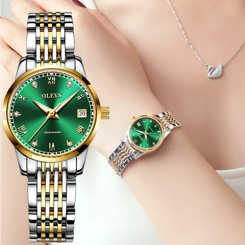 OLEVS-relojes de lujo para mujer, reloj de pulsera automático de negocios, mecánico, de acero, resistente al agua, reloj pulsera para mujer