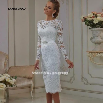 

SATONOAKI Vintage Tea Length Lace Long Sleeves Short Wedding Dresses 2020 vestido de noiva Sheath High Jewel Neck Bridal Gowns