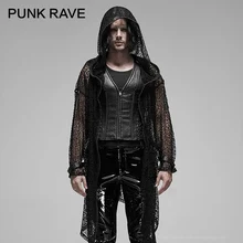 Панк рейв Мужская Панк Черная сетка с капюшоном вязаное длинное пальто регулируемая металлическая пряжка рукав свободный черный длинный пиджак для мужчин