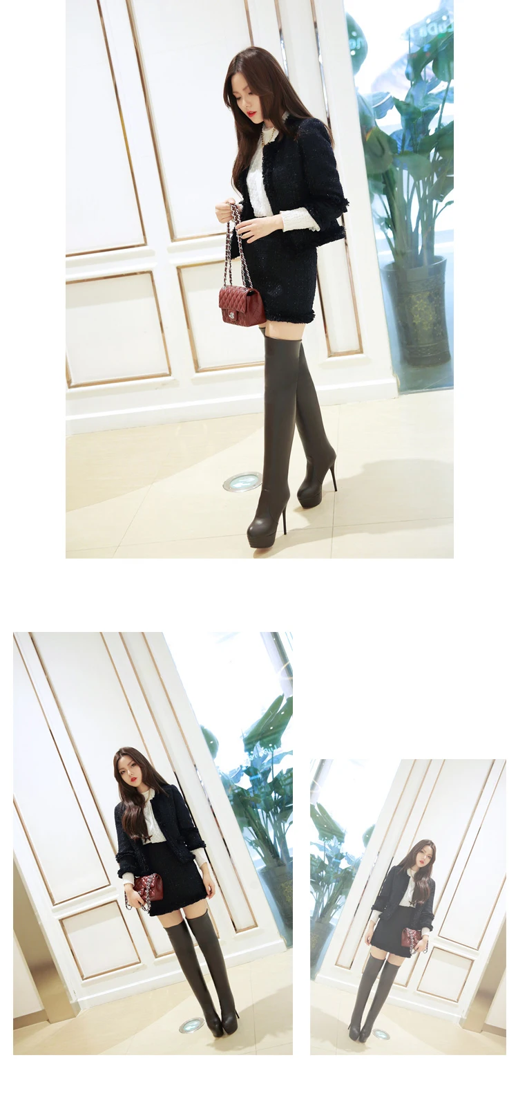Ultra-High Stiletto Pu Waterproof Platform Over The Knee Boots Winter Warmth Thick Hair Round-Toed Women’S Over-The-Knee Boots