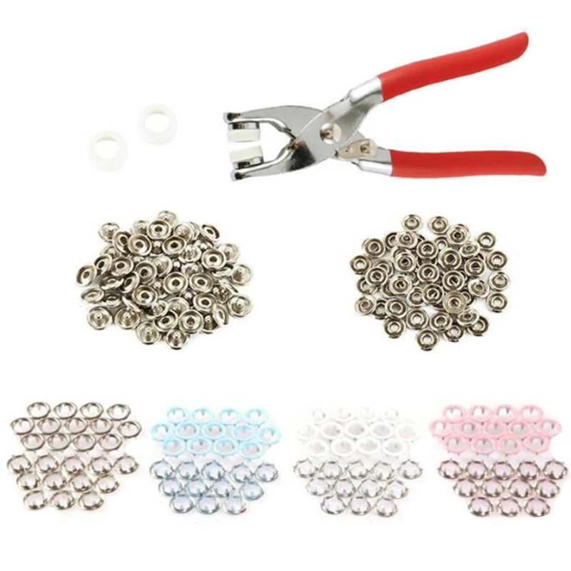 

200Pcs Snap Fasteners Romper Snaps Craft Prong Buckle Metal Ring Button Press Studs Sewing Craft and Pliers Tool