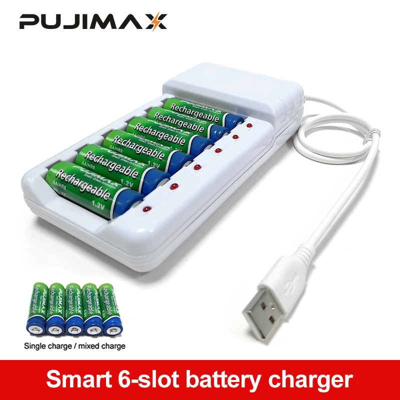 Charging-Battery-Charger Station Overcharge-Protection PUJIMAX Aa/aaa USB 6-Slots Usb-Cable
