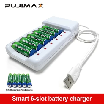 

PUJIMAX 6 Slots Fast Charging Battery Charger USB cable Overcharge Protection AA/ AAA Rechargeable Battery High Quality Station