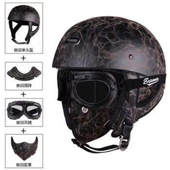 

brands Leather Helmets 3/4 Motorcycle Chopper Bike helmet open face vintage motorcycle helmet with removed neckerchief and mask