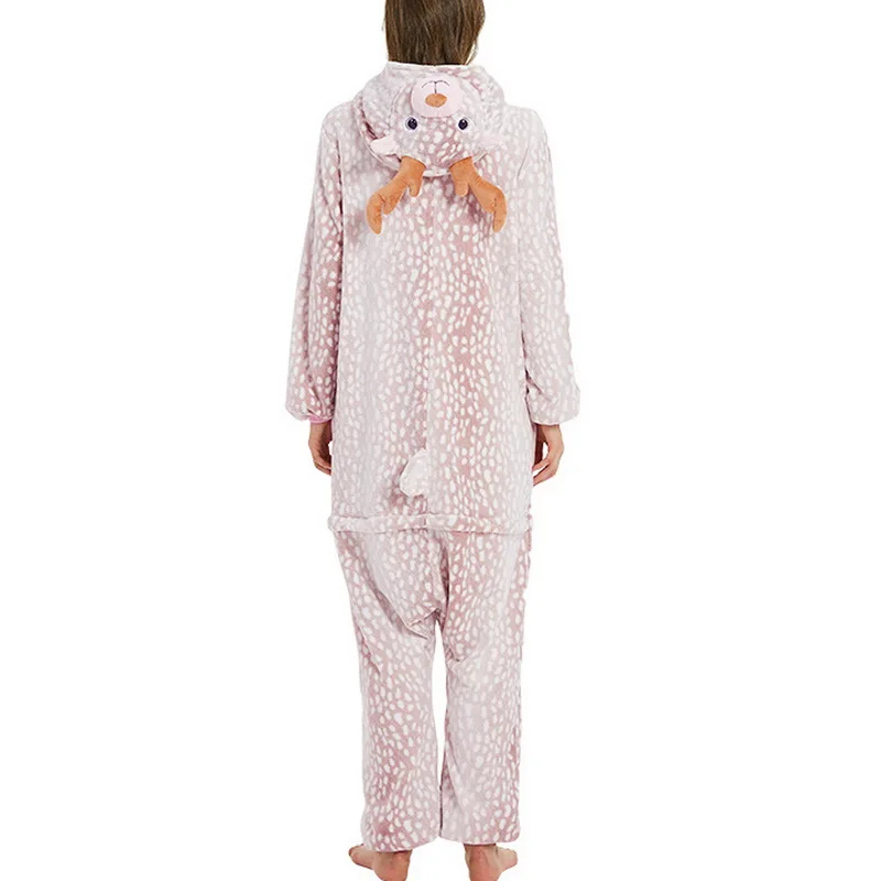 Рождественские пижамы с оленем, флисовые пижамы с героями мультфильмов для женщин и детей, косплей, одежда для сна с капюшоном, зимняя фланелевая розовая пижама
