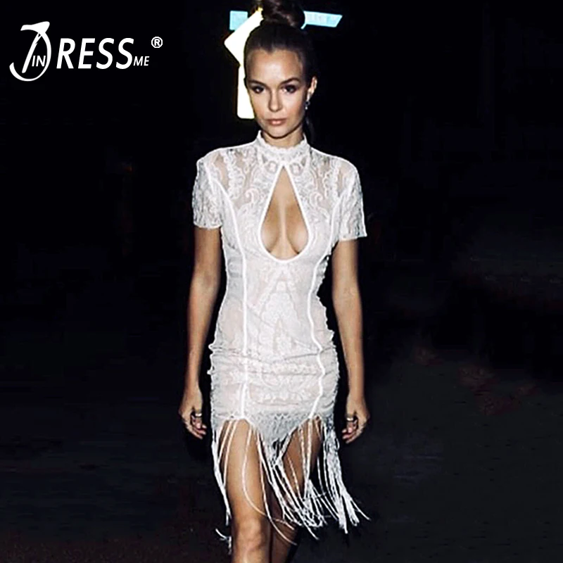 INDRESSME, новинка, модные женские вечерние платья, белое сексуальное платье с цветочным кружевом и вырезами, с круглым вырезом, с коротким рукавом, Бандажное платье-футляр с бахромой