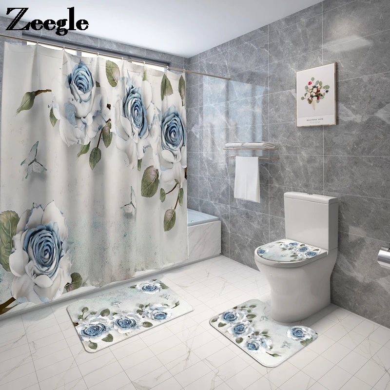 Europe Style Floral Home Decor Toilet Mat Bath Mat and Shower Curtain Set Bathroom Carpet Set Non-Slip Bathroom Foot Mat Flannel