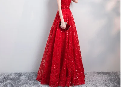 Длинные вечерние платья с рукавами-крылышками, кружевное платье с блестками для выпускного вечера, элегантные вечерние платья с вышивкой бисером, vestidos de gala, Дамское Платье - Цвет: Красный