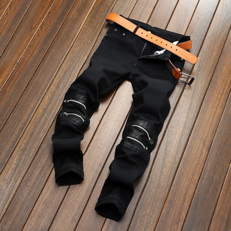 Джинсы мужские черные декоративные повседневные брюки на молнии мужские эластичные тонкие прямые брюки для ночного клуба мужские джинсовые брюки