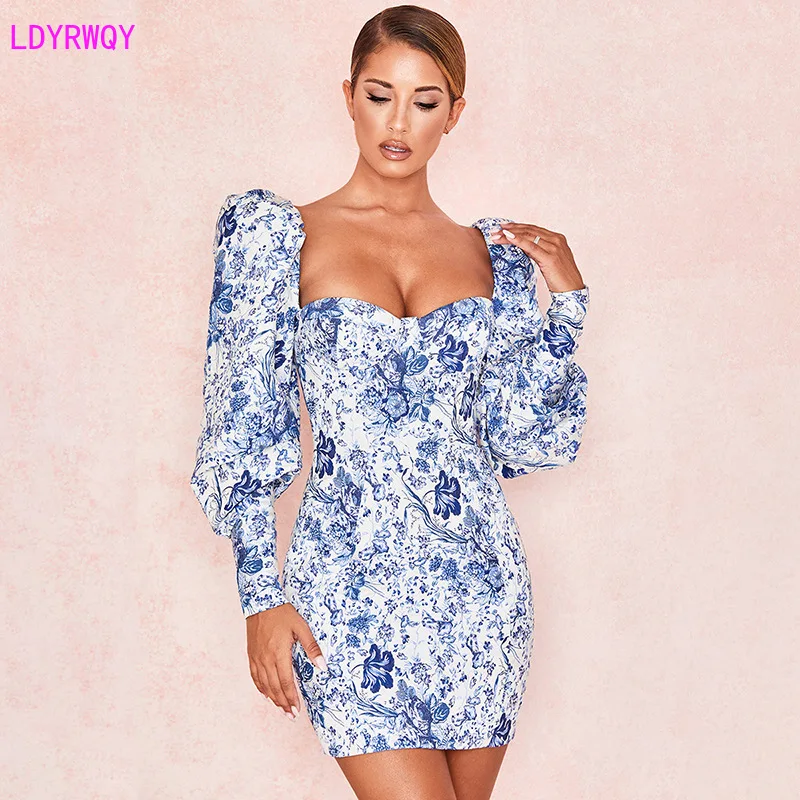 

2019 autumn new European and American women's fashion irregular collar backless sexy lantern sleeve print bag hip slim dress