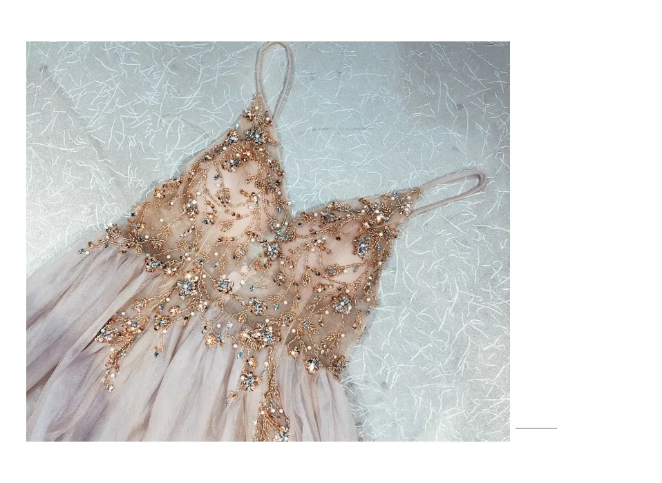 Oucui Dusky Pink Handmade Beaded Prom Dresses 2020 Long Spaghetti Strap See Through Grey Tulle Evening Gown Vestido De Festa